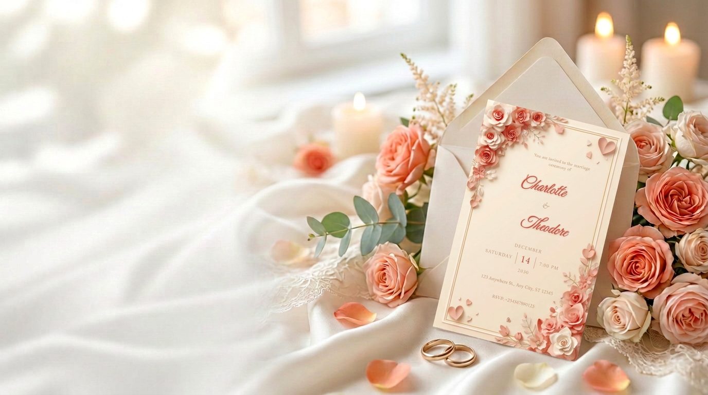 A blush and ivory wedding invitation suite with a wax seal among garden roses